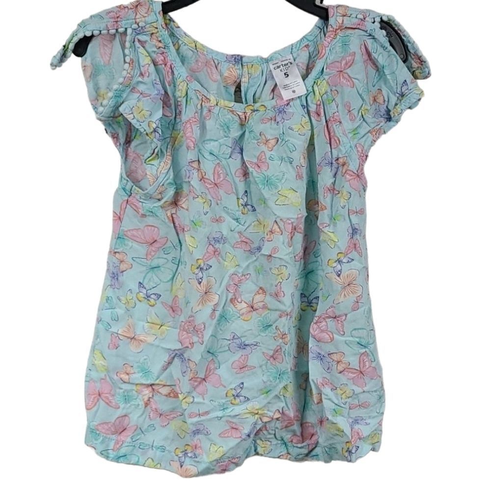 Carter's Blue Butterfly Print Top Pom Flutter Sleeve Shirt Pastel Aqua Blouse